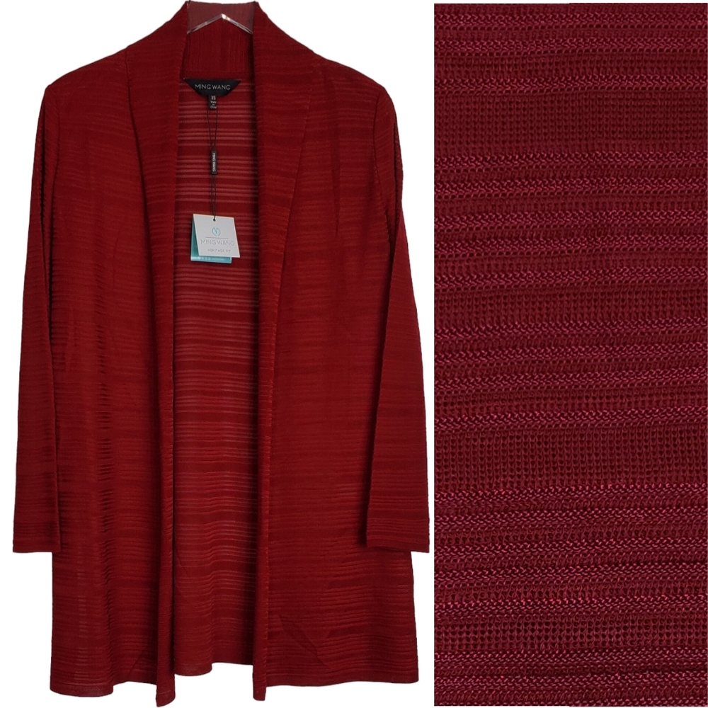NWT Ming Wang ottoman collar longline knit open front jacket cardigan cherry red